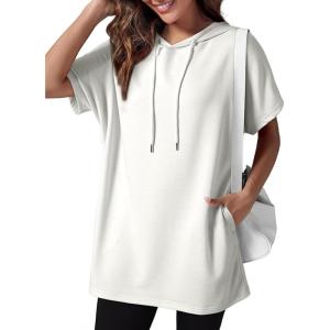 imageDokotoo Womens Tops Dressy Casual Short Sleeve Oversized Tshirts Summer Hoodie Dress Tunics Tops Loose Fit Long ShirtsBright White