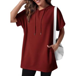 imageDokotoo Womens Tops Dressy Casual Short Sleeve Oversized Tshirts Summer Hoodie Dress Tunics Tops Loose Fit Long ShirtsRed Dahlia