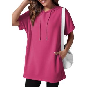 imageDokotoo Womens Tops Dressy Casual Short Sleeve Oversized Tshirts Summer Hoodie Dress Tunics Tops Loose Fit Long ShirtsRose Red