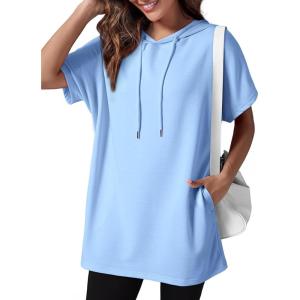 imageDokotoo Womens Tops Dressy Casual Short Sleeve Oversized Tshirts Summer Hoodie Dress Tunics Tops Loose Fit Long ShirtsSky Blue