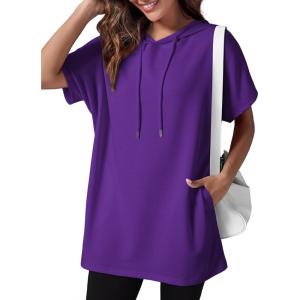 imageDokotoo Womens Tops Dressy Casual Short Sleeve Oversized Tshirts Summer Hoodie Dress Tunics Tops Loose Fit Long ShirtsTillandsia Purple