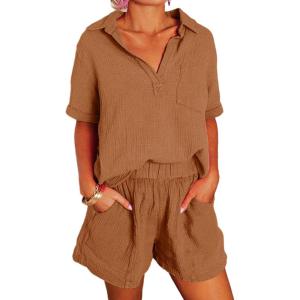 imageDokotoo Womens Two Piece Outfits V Neck Short Sleeve Shirts and High Waist Shorts Lounge SetsBrown