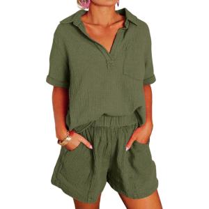 imageDokotoo Womens Two Piece Outfits V Neck Short Sleeve Shirts and High Waist Shorts Lounge SetsGreen
