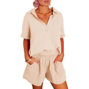 imageDokotoo Womens Two Piece Outfits V Neck Short Sleeve Shirts and High Waist Shorts Lounge SetsPeach