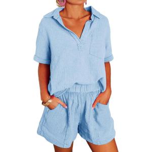 imageDokotoo Womens Two Piece Outfits V Neck Short Sleeve Shirts and High Waist Shorts Lounge SetsSky Blue