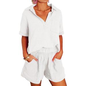 imageDokotoo Womens Two Piece Outfits V Neck Short Sleeve Shirts and High Waist Shorts Lounge SetsWhite