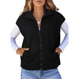 imageDokotoo Womens Vest Tops 2025 Zipper Up Cap Sleeve Side Pockets Waffle Knit Sleeveless Oversized VestsBlack
