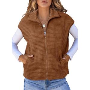 imageDokotoo Womens Vest Tops 2025 Zipper Up Cap Sleeve Side Pockets Waffle Knit Sleeveless Oversized VestsBrown