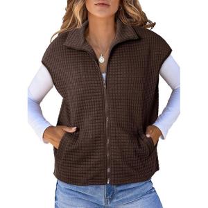 imageDokotoo Womens Vest Tops 2025 Zipper Up Cap Sleeve Side Pockets Waffle Knit Sleeveless Oversized VestsCoffee