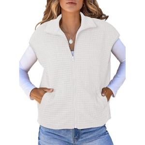 imageDokotoo Womens Vest Tops 2025 Zipper Up Cap Sleeve Side Pockets Waffle Knit Sleeveless Oversized VestsWhite