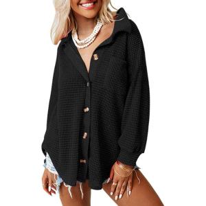 imageDokotoo Womens Waffle Knit Shacket Jacket Casual Long Sleeve Button Down Shirts Dressy Blouses TopsBlack