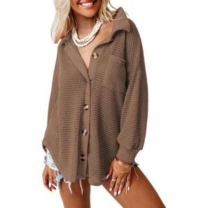 imageDokotoo Womens Waffle Knit Shacket Jacket Casual Long Sleeve Button Down Shirts Dressy Blouses TopsBrown
