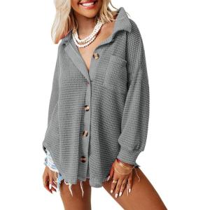 imageDokotoo Womens Waffle Knit Shacket Jacket Casual Long Sleeve Button Down Shirts Dressy Blouses TopsGray