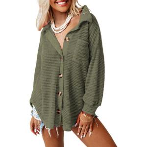 imageDokotoo Womens Waffle Knit Shacket Jacket Casual Long Sleeve Button Down Shirts Dressy Blouses TopsGreen