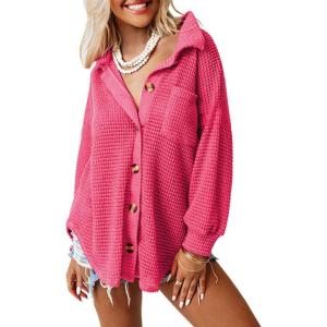 imageDokotoo Womens Waffle Knit Shacket Jacket Casual Long Sleeve Button Down Shirts Dressy Blouses TopsPink