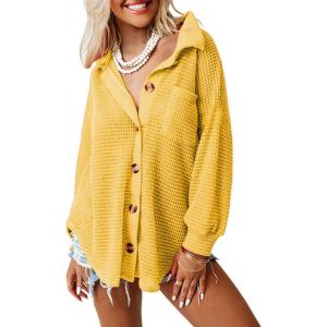 imageDokotoo Womens Waffle Knit Shacket Jacket Casual Long Sleeve Button Down Shirts Dressy Blouses TopsYellow