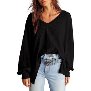 imageDokotoo Womens Waffle Knit Tops Fashion 2025 Long Lantern Sleeve Casual Blouses V Neck Oversized T ShirtsBlack