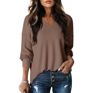 imageDokotoo Womens Waffle Knit Tops Fashion 2025 Long Lantern Sleeve Casual Blouses V Neck Oversized T ShirtsBrown