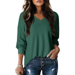 imageDokotoo Womens Waffle Knit Tops Fashion 2025 Long Lantern Sleeve Casual Blouses V Neck Oversized T ShirtsGreen