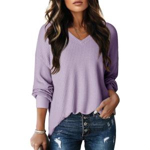 imageDokotoo Womens Waffle Knit Tops Fashion 2025 Long Lantern Sleeve Casual Blouses V Neck Oversized T ShirtsPurple