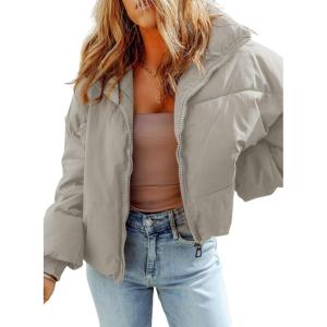 imageDokotoo Womens Winter Cropped Puffer Jacket Full Zip Quilted Jackets Warm Coats with PocketsBeige