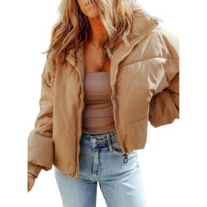 imageDokotoo Womens Winter Cropped Puffer Jacket Full Zip Quilted Jackets Warm Coats with PocketsKhaki