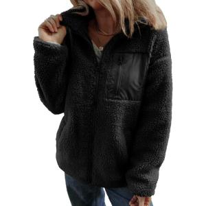 imageDokotoo Womens Winter Trendy Full Zipper Fleece Jackets Long Sleeve Relaxed Warm Teddy Coats with PocketsBlack