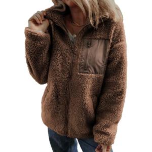 imageDokotoo Womens Winter Trendy Full Zipper Fleece Jackets Long Sleeve Relaxed Warm Teddy Coats with PocketsBrown