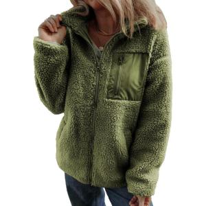 imageDokotoo Womens Winter Trendy Full Zipper Fleece Jackets Long Sleeve Relaxed Warm Teddy Coats with PocketsGreen