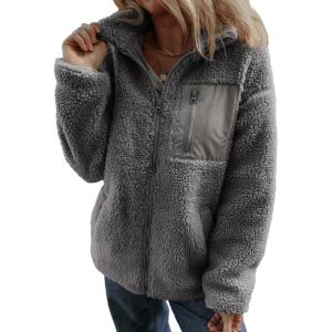 imageDokotoo Womens Winter Trendy Full Zipper Fleece Jackets Long Sleeve Relaxed Warm Teddy Coats with PocketsGrey