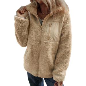 imageDokotoo Womens Winter Trendy Full Zipper Fleece Jackets Long Sleeve Relaxed Warm Teddy Coats with PocketsKhaki