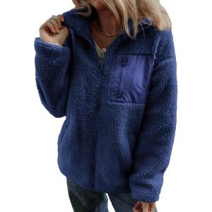 imageDokotoo Womens Winter Trendy Full Zipper Fleece Jackets Long Sleeve Relaxed Warm Teddy Coats with PocketsNavy Blue