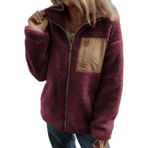 imageDokotoo Womens Winter Trendy Full Zipper Fleece Jackets Long Sleeve Relaxed Warm Teddy Coats with PocketsRed