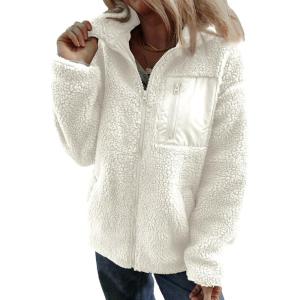 imageDokotoo Womens Winter Trendy Full Zipper Fleece Jackets Long Sleeve Relaxed Warm Teddy Coats with PocketsWhite