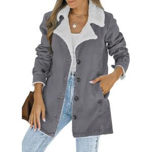 imageDokotoo Womens Winter Warm Jean Jacket Stand Collar Wool Liner Sherpa Denim Coats Thicker Outerwear with PocketsA Gray