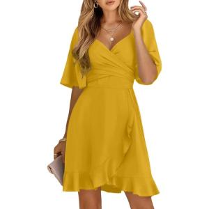 imageDokotoo Womens Wrap V Neck Short Flared Sleeve Wedding Guest Dress Smocked Elastic Waist Tiered Belted Ruffle Hem Mini DressCitrus