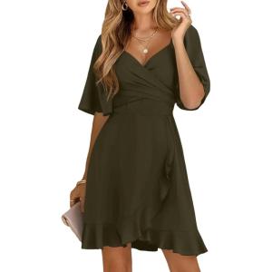 imageDokotoo Womens Wrap V Neck Short Flared Sleeve Wedding Guest Dress Smocked Elastic Waist Tiered Belted Ruffle Hem Mini DressMoss Green