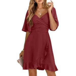 imageDokotoo Womens Wrap V Neck Short Flared Sleeve Wedding Guest Dress Smocked Elastic Waist Tiered Belted Ruffle Hem Mini DressRuby