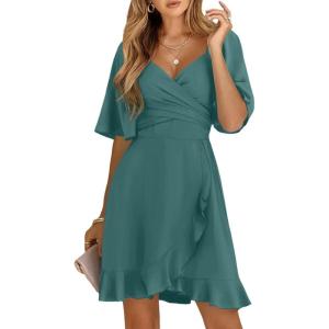 imageDokotoo Womens Wrap V Neck Short Flared Sleeve Wedding Guest Dress Smocked Elastic Waist Tiered Belted Ruffle Hem Mini DressSkobeloff