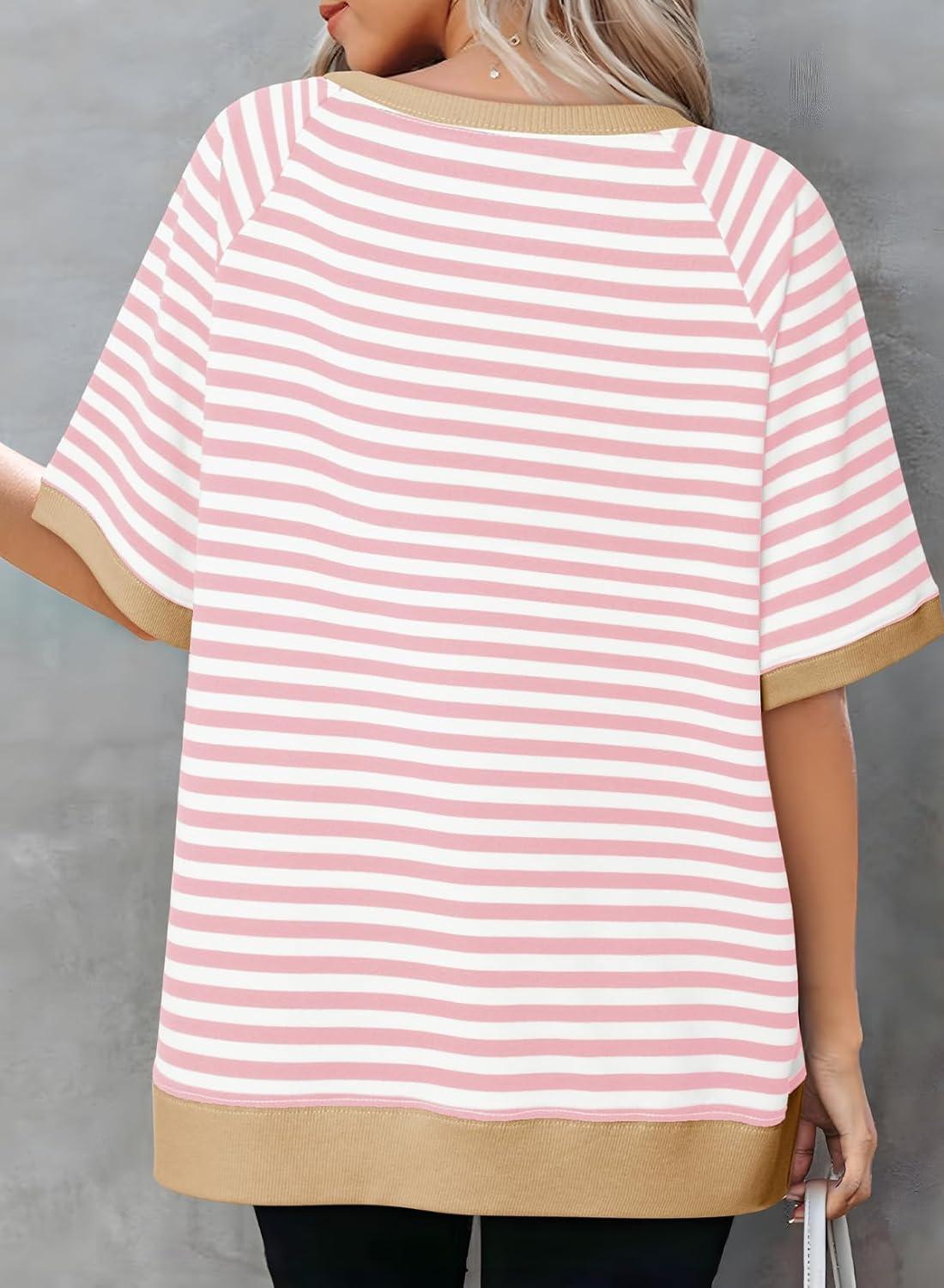 imageDokotoo Oversized T Shirts for Women Striped Color Block Crewneck Short Sleeve Casual Summer Tops Lightweight Loose BlousesApricot