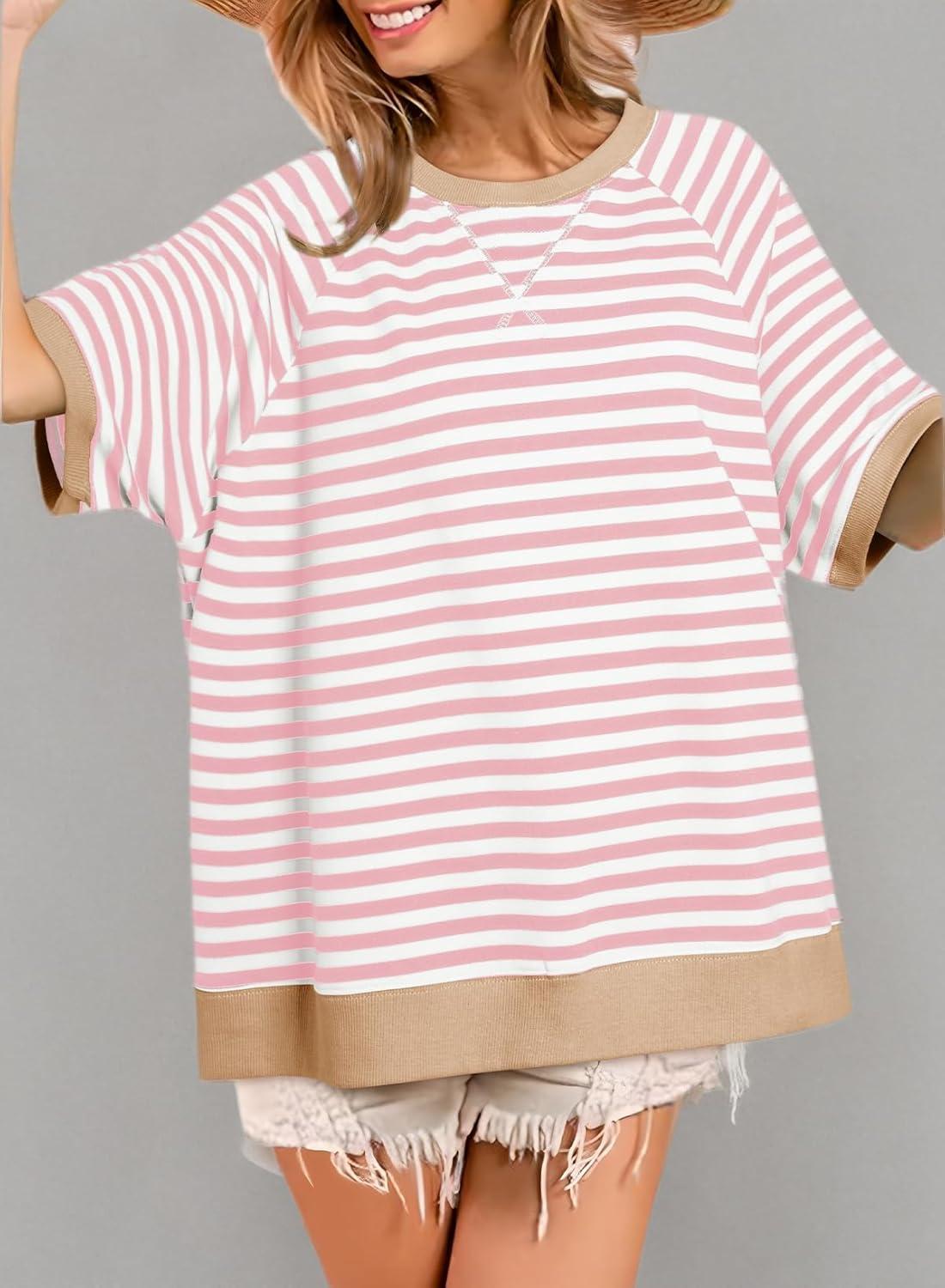 imageDokotoo Oversized T Shirts for Women Striped Color Block Crewneck Short Sleeve Casual Summer Tops Lightweight Loose BlousesApricot