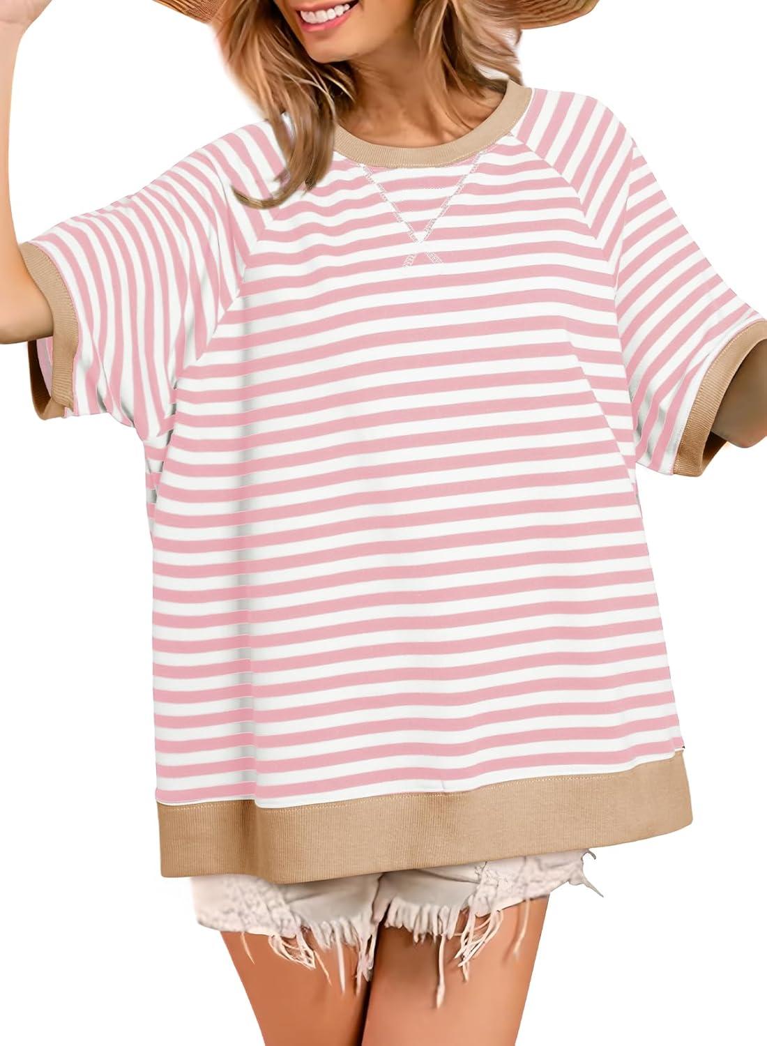 imageDokotoo Oversized T Shirts for Women Striped Color Block Crewneck Short Sleeve Casual Summer Tops Lightweight Loose BlousesApricot