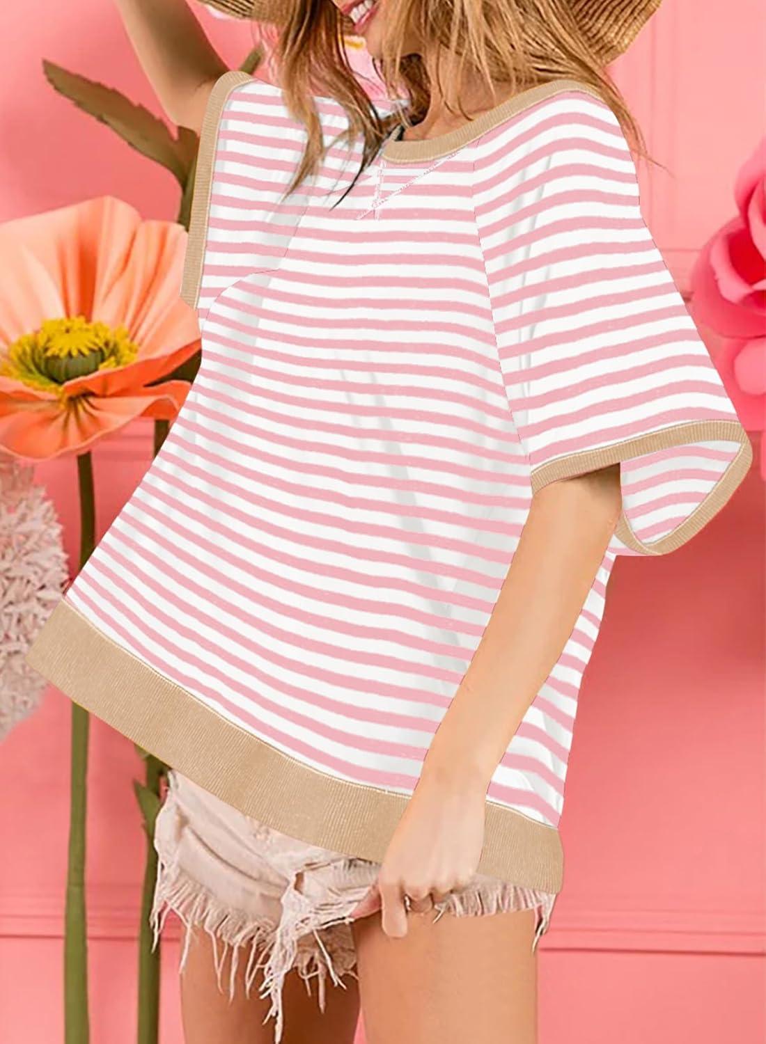 imageDokotoo Oversized T Shirts for Women Striped Color Block Crewneck Short Sleeve Casual Summer Tops Lightweight Loose BlousesApricot