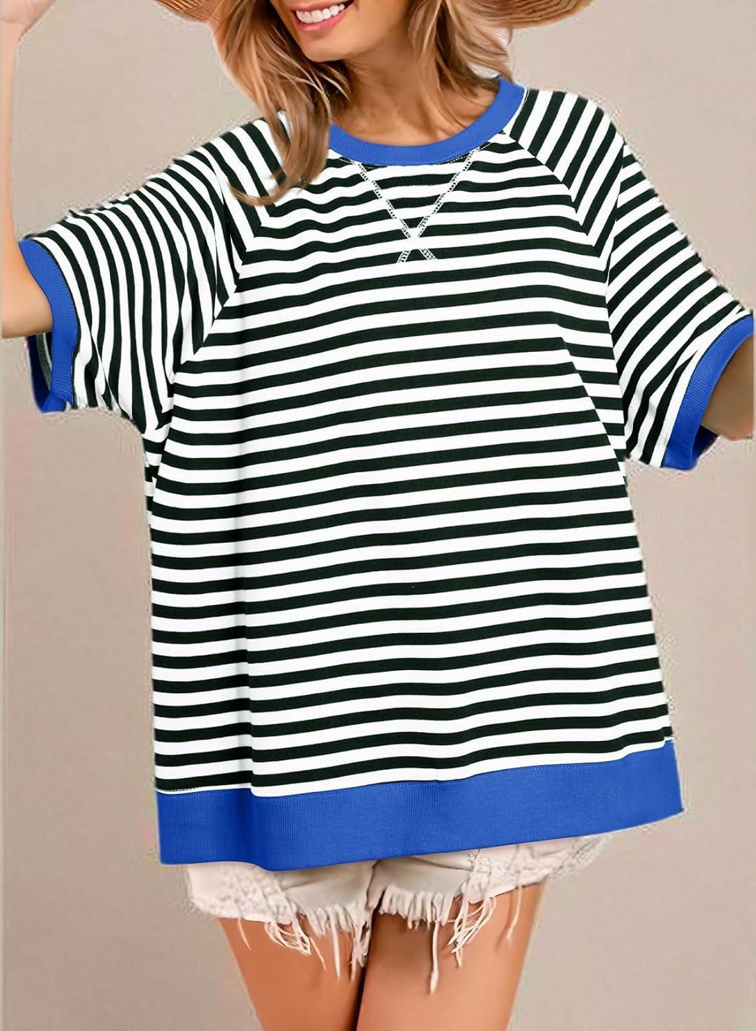 imageDokotoo Oversized T Shirts for Women Striped Color Block Crewneck Short Sleeve Casual Summer Tops Lightweight Loose BlousesBlack