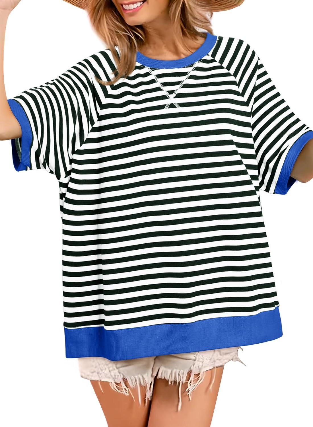 imageDokotoo Oversized T Shirts for Women Striped Color Block Crewneck Short Sleeve Casual Summer Tops Lightweight Loose BlousesBlack