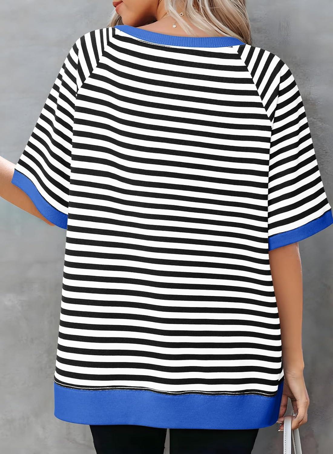imageDokotoo Oversized T Shirts for Women Striped Color Block Crewneck Short Sleeve Casual Summer Tops Lightweight Loose BlousesBlack