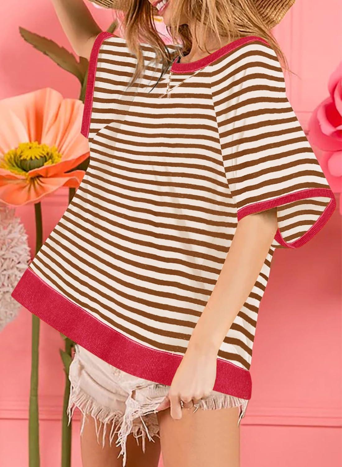 imageDokotoo Oversized T Shirts for Women Striped Color Block Crewneck Short Sleeve Casual Summer Tops Lightweight Loose BlousesBrown
