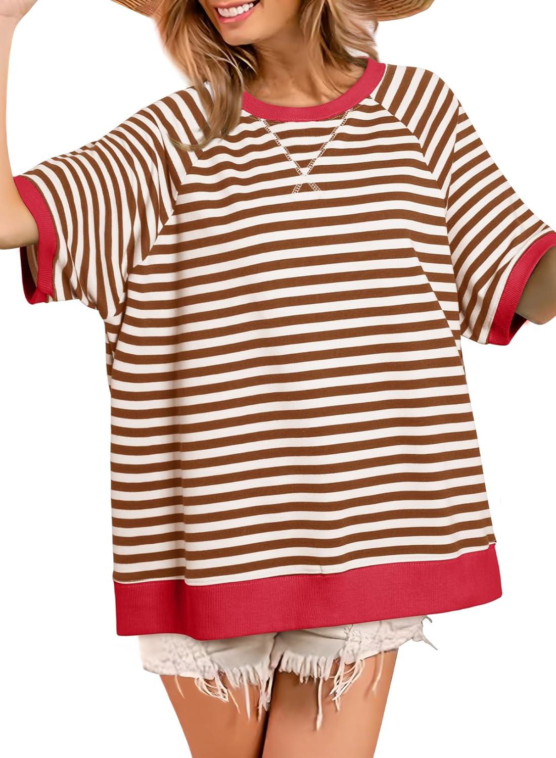 imageDokotoo Oversized T Shirts for Women Striped Color Block Crewneck Short Sleeve Casual Summer Tops Lightweight Loose BlousesBrown