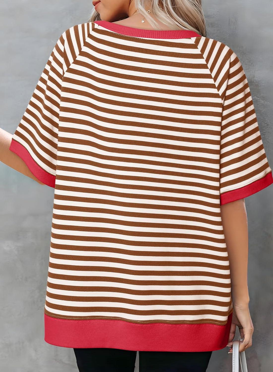 imageDokotoo Oversized T Shirts for Women Striped Color Block Crewneck Short Sleeve Casual Summer Tops Lightweight Loose BlousesBrown