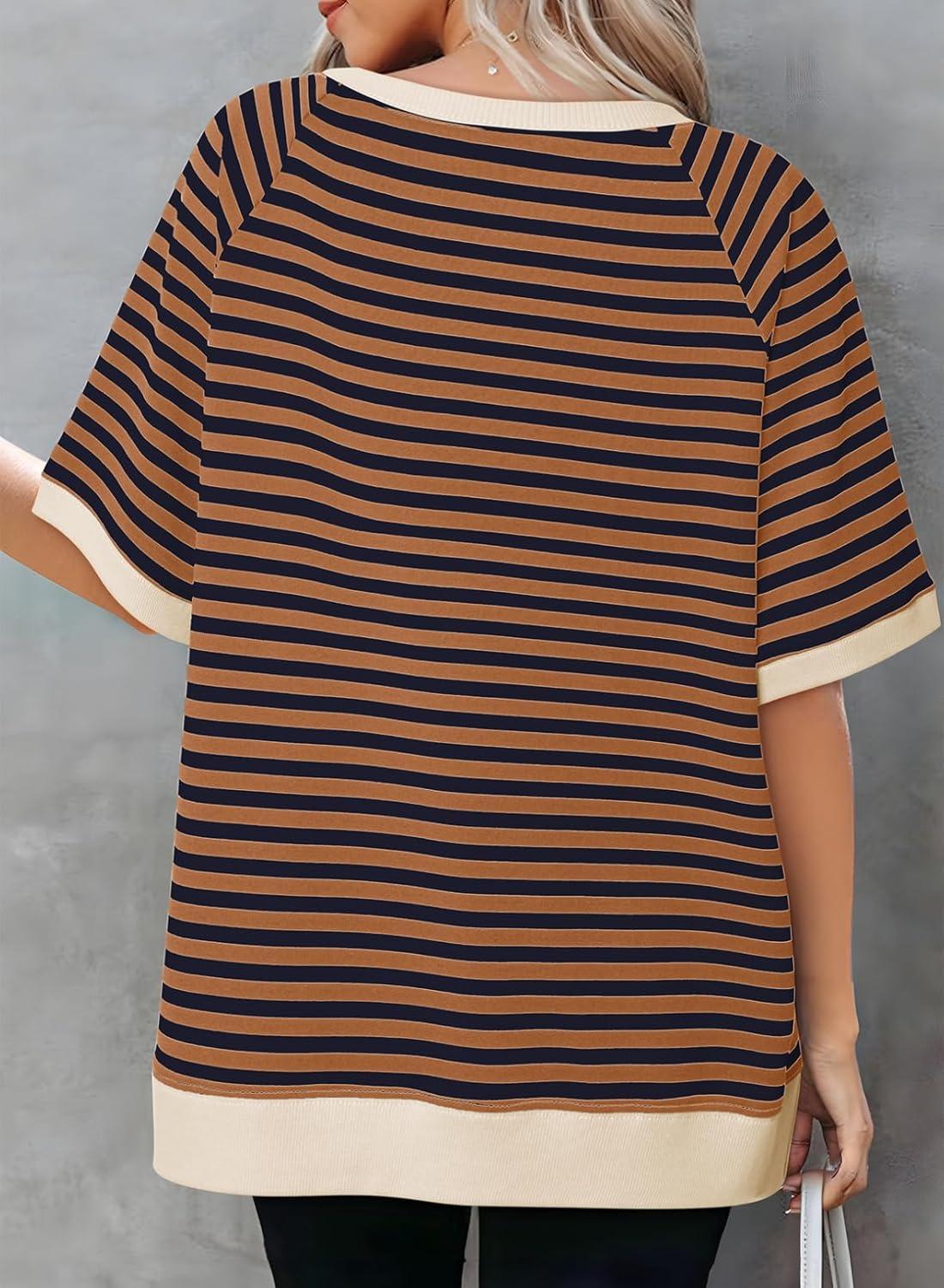 imageDokotoo Oversized T Shirts for Women Striped Color Block Crewneck Short Sleeve Casual Summer Tops Lightweight Loose BlousesDark Brown